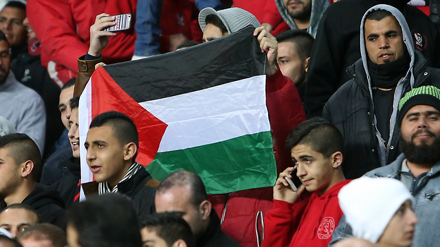 A Bnei Sakhnin supporter holding up the Palestinian flag. The report said the Arab-Israeli team's fans booed a minute's silence for the 10 flood victims (Photo: Oz Moalem)