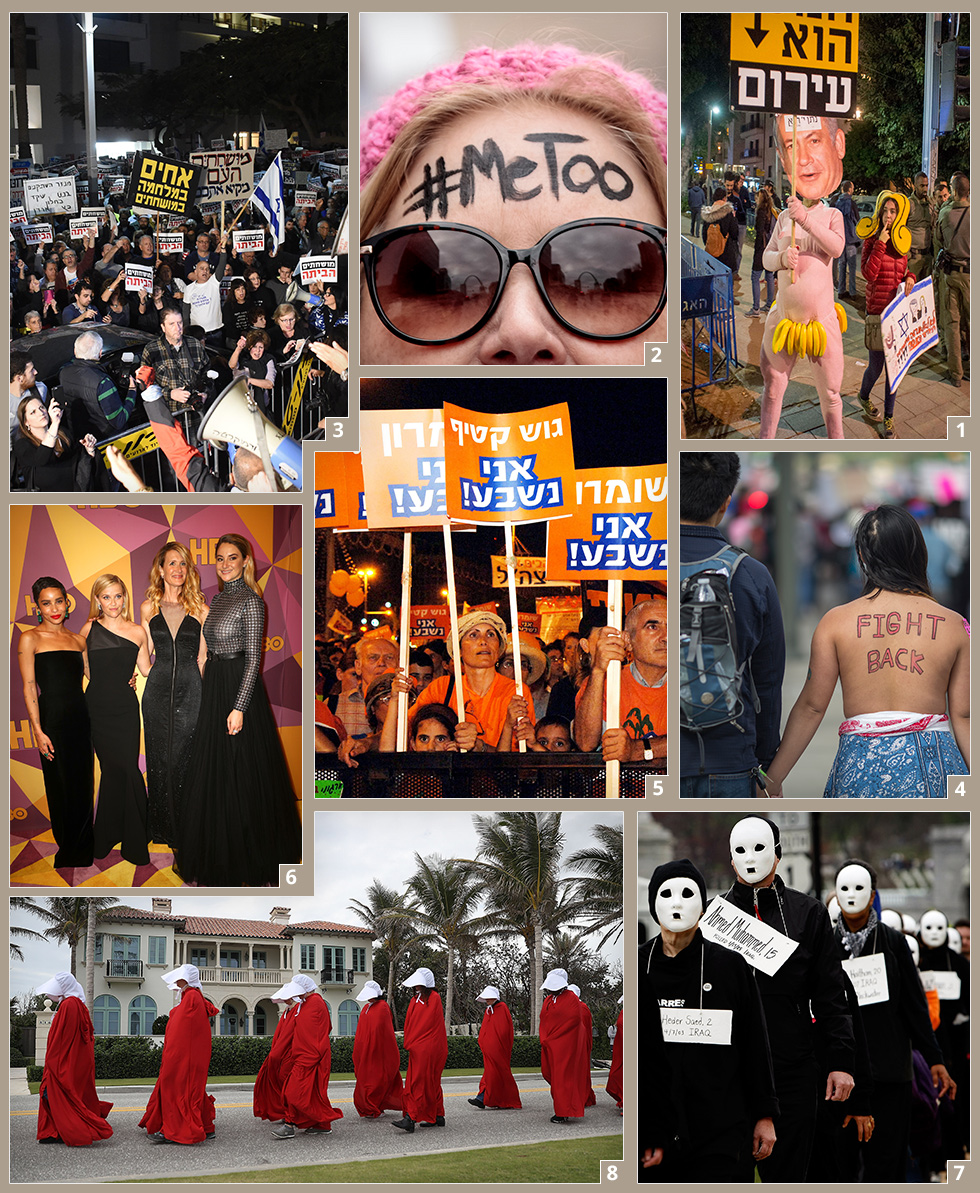 1. שושקה בהפגנה נגד השחיתות | 2. הפגנות MeToo# בחו"ל | 3. הפגנה בשדרות רוטשילד | 4. צעדת נשים בלוס אנג'לס | 5. הפגנה נגד ההתנתקות | 6. כוכבות "שקרים קטנים גדולים" לבושות שחור בטקס גלובוס הזהב | 7. הפגנה אמריקאית לציון חמש שנים למלחמה בעירק | 8. מחאה מחוץ לביתו של דונלד טראמפ (צילום: Gettyimages, יובל חן, יאיר שגיא, משה מילנר לע"מ)