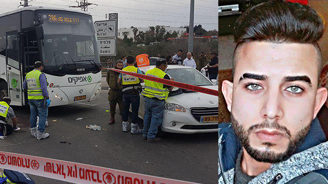 Слева: на месте теракта у въезда в Ариэль. Справа: разыскиваемый Абед аль-Хаким Адель Асси