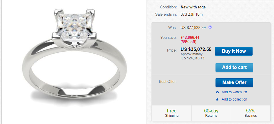 טבעת יהלום. נמכרה ב-40 אלף דולר (צילום מסך מאתר eBay) (צילום מסך מאתר eBay)