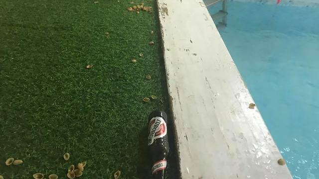 בקבוק בירה ופיצוחים על שפת הבריכה (צילום מתוך עמוד הפייסבוק של וילה ריו) (צילום מתוך עמוד הפייסבוק של וילה ריו)