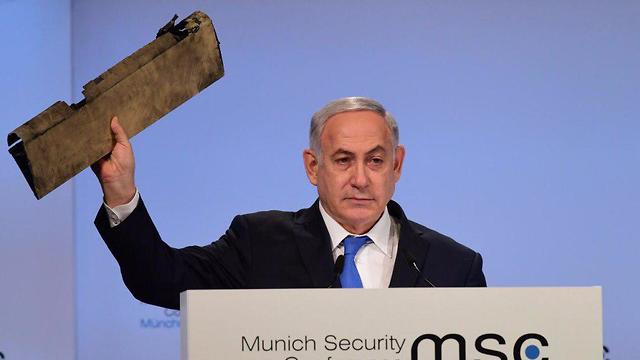PM presents piece of an Iranian drone he says Israel shot down on February 10 (Photo: Amos Ben Gershom/GPO)