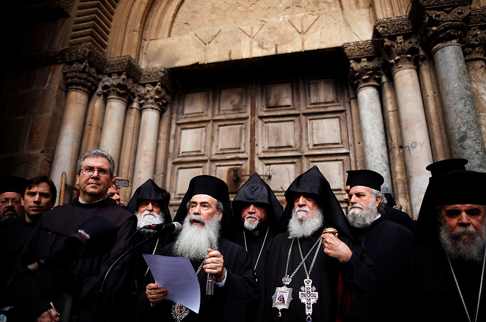 Greek Patriarch Theophilos III making a statement outside the closed church (Photo: Reuters)