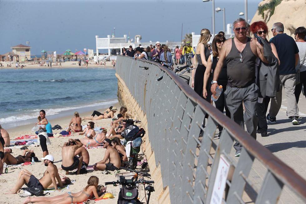 רבים ניצלו את השבת החמימה והגיעו לחוף תל אביב (צילום: מוטי קמחי) (צילום: מוטי קמחי)