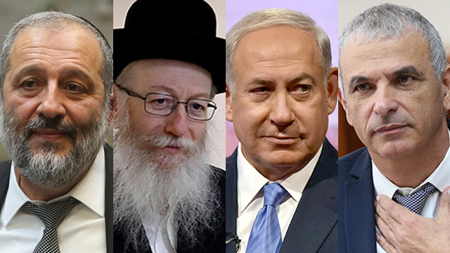 L-R: Arye Deri, Yaakov Litzman, PM Netanyahu and Moshe Kahlon  (Photo: Yoav Dudkevitch, Alex Kolomoisky and Ohad Zwigenberg)