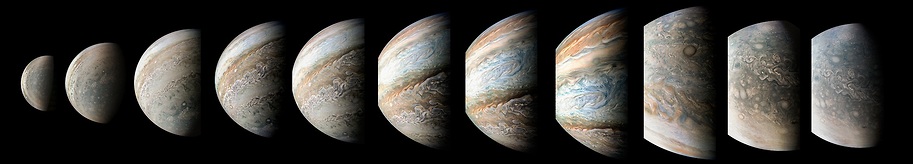 מסביב לצדק ב-95 דקות: המצלמה של ג'ונו מתעדת את השתנות פני השטח של כוכב הלכת בעודה מקיפה אותו מהקוטב הצפוני (תצלום ראשון מימין) ועד הקוטב הדרומי (אחרון משמאל)  (צילום: נאס"א)