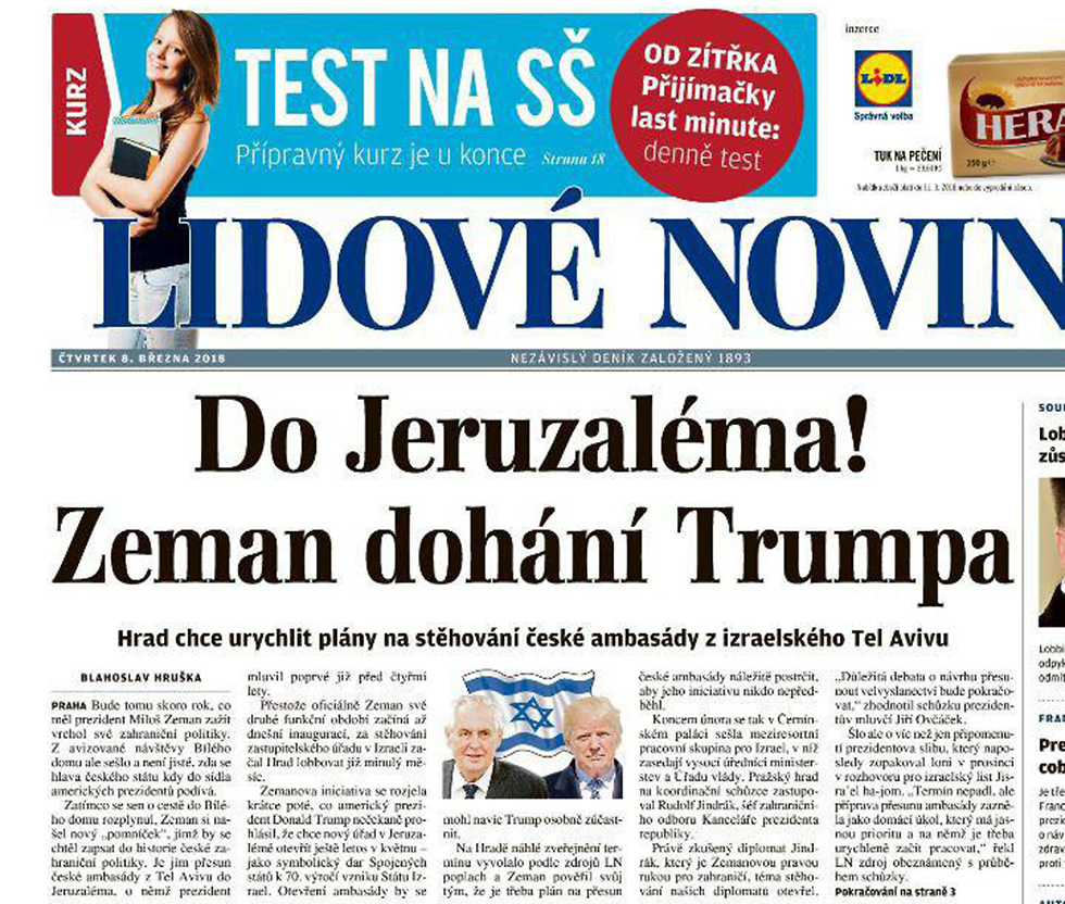 הכותרת בעיתון בצכ'יה על הרצון להעביר את השגרירות לירושלים ()