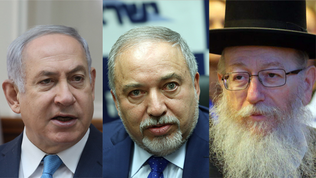 L-R: PM Netanyahu, Defense Minister Lieberman and Deputy Health Minister Litzman (Photo: Motti Kimchi, Alex Kolomoisky, Ohad Zwigenberg)