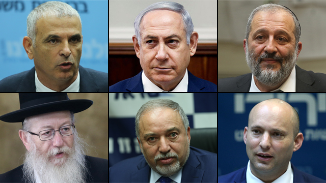 Top row left-to-right: Finance Minister Kahlon, Prime Minister Netanyahu, Interior Minister Deri; bottom row, left-to-right: Deputy Health Minister Litzman, Defense Minister Lieberman, Education Minister Bennett (Photo: Ohad Zwigenberg, Alex Kolomoisky and Reuters)