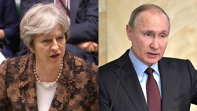 רוסיה דורשת הוכחות חותכות, בריטניה מגרשת דיפלומטים. פוטין ומיי (צילום: AFP, רויטרס) (צילום: AFP, רויטרס)