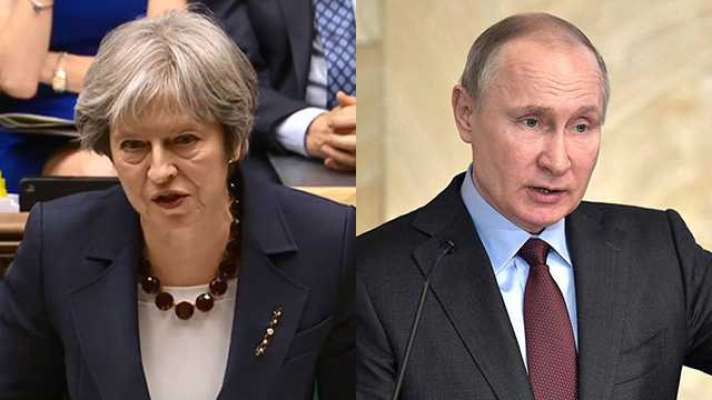 תרזה מיי ראש ממשלת בריטניה ולידמיר פוטין ראש ממשלת רוסיה (צילום: AFP, רויטרס)