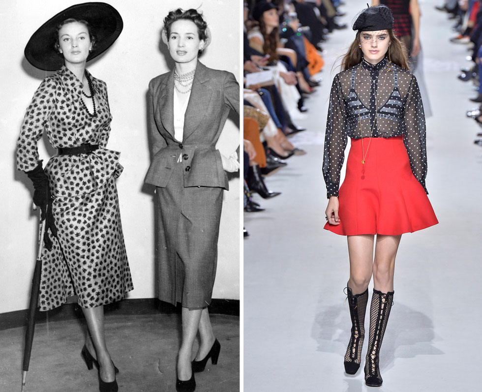 מימין: תצוגת האופנה של דיור, אביב־קיץ 20, משמאל: נשים בפריז לובשות דיור בשנות ה-50 (צילום: GettyImages IL)