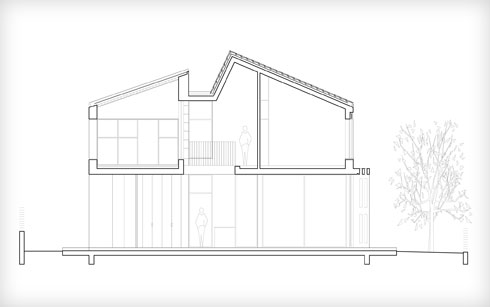 חתך של הבית, עם ואריציה מעודנת של הגג המשונן (תוכנית: איכהולץ ענתבי אדריכלות)
