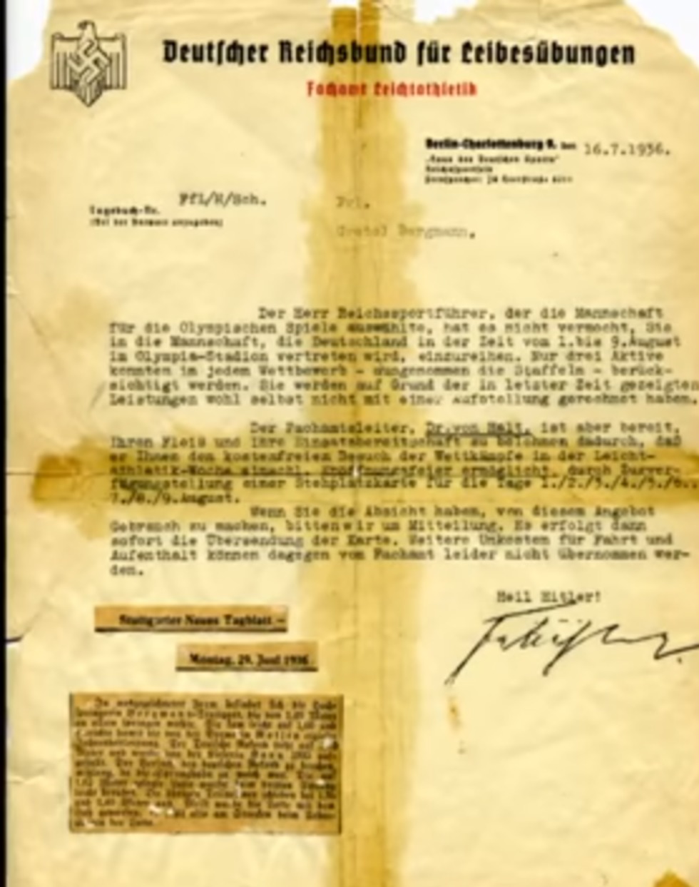 המכתב בו הודיעו הנאצים לברגמן על סילוקה מהנבחרת ()