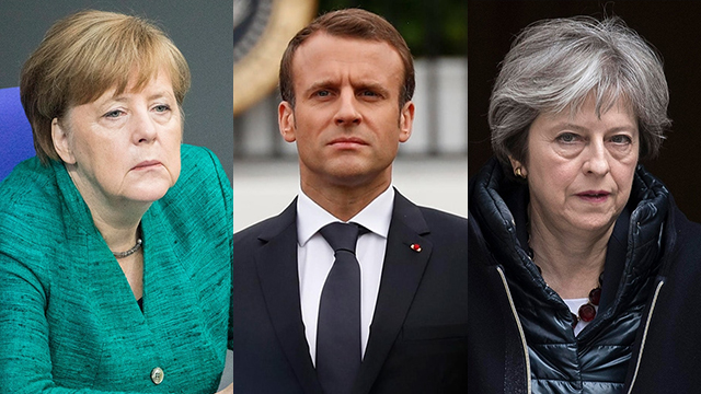 ]L to R: Angela Merkel, Emmanuel Macron and Theresa May (Photo: EPA, Reuters)