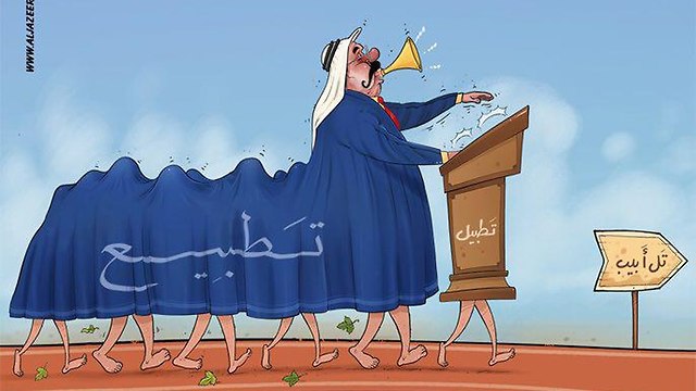 An Al Jazeera caricature showing the Bahrain foreign affairs minister leading a procession titled 'normalization' to Tel Aviv