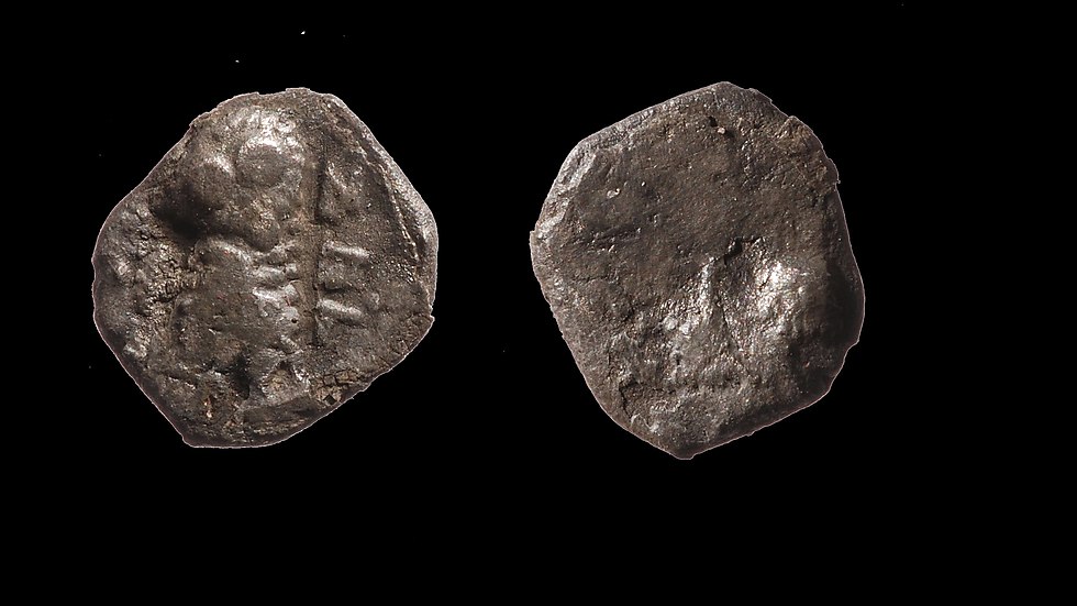 מטבעות 'יהד' שנתגלו בסינון העפר (צד הפנים) ובהם נראית התנשמת וליד הכיתוב בכתב העברי הקדום יהד (צילום: צחי דבירה)