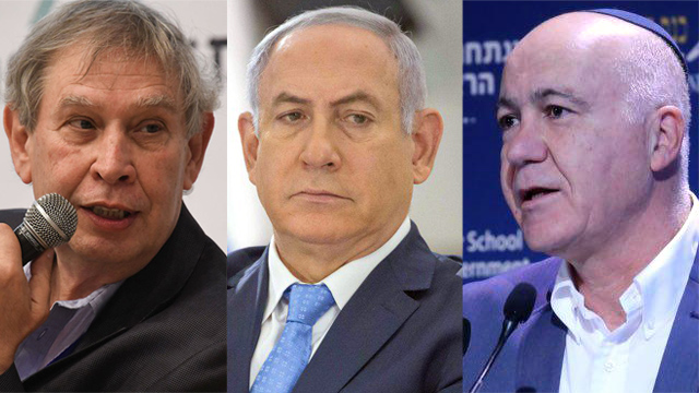 From left to right: Former Mossad chief Tamir Pardo, Prime Minister Benjamin Netanyahu, former Shin Bet chief Yoram Cohen  (Photos: Yair Sagi, Emil Salman, Motti Kimchi)