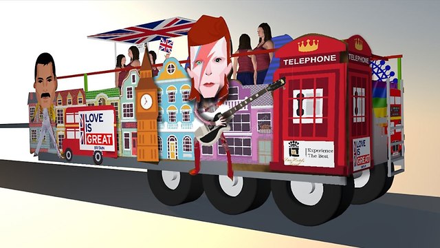 המשאית הבריטית של מצעד הגאווה 2018 (עיצוב המשאית: עדו רמון)