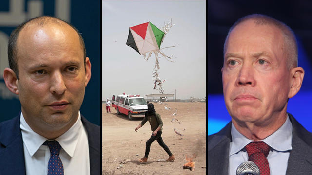 Ministers Yoav Galant (R) and Naftali Bennett clash over how to handle kite launchers  (Photos: Ohad Zwigenberg, Alex Kolomoisky, AP)