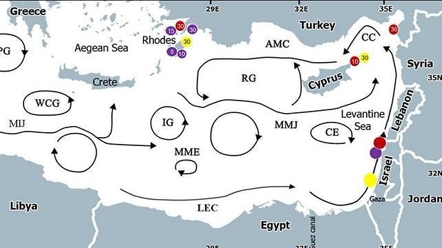 מפת הזרמים בים התיכון (צילום: מתוך המחקר)