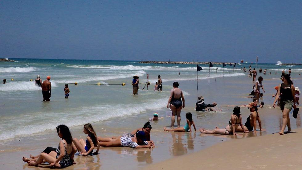 רוחצים בחוף בננה ביץ' בתל אביב (צילום: מוטי קמחי)