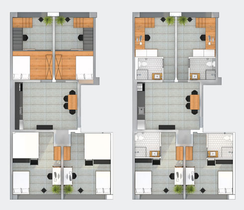 דירות טיפוסיות בבניין: חדרים (עם או בלי גלריה) שמקיפים מטבח משותף (תוכנית: אלדר יוסף ביטון)
