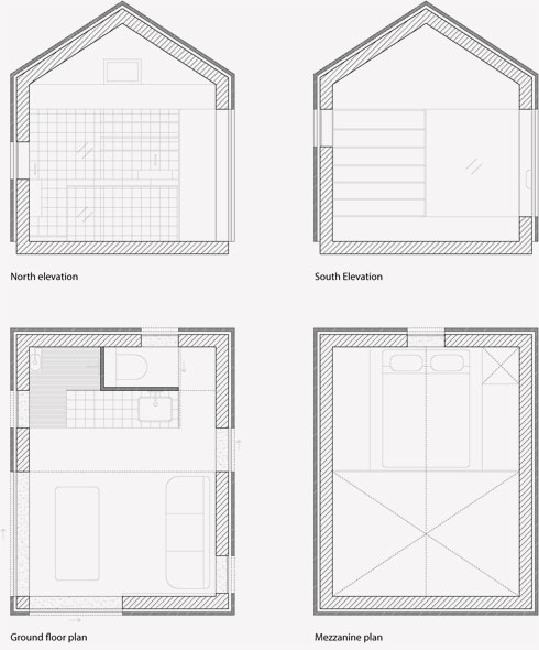 תוכנית הבקתה. למטה משמאל קומת הסלון, המטבח וחדר הרחצה, ומימין גלריית השינה (תוכנית: FREAKS Architecture)