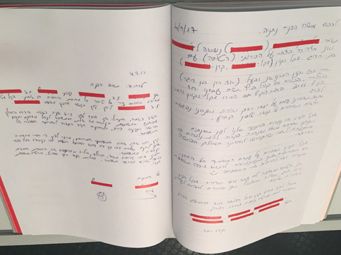 האדום משמש למחיקת פרטים אישיים מהמסמכים האמיתיים (כאן במכתב ''המלצה'' המעיד על הקשר בין השניים) (צילום: דקל גודוביץ)