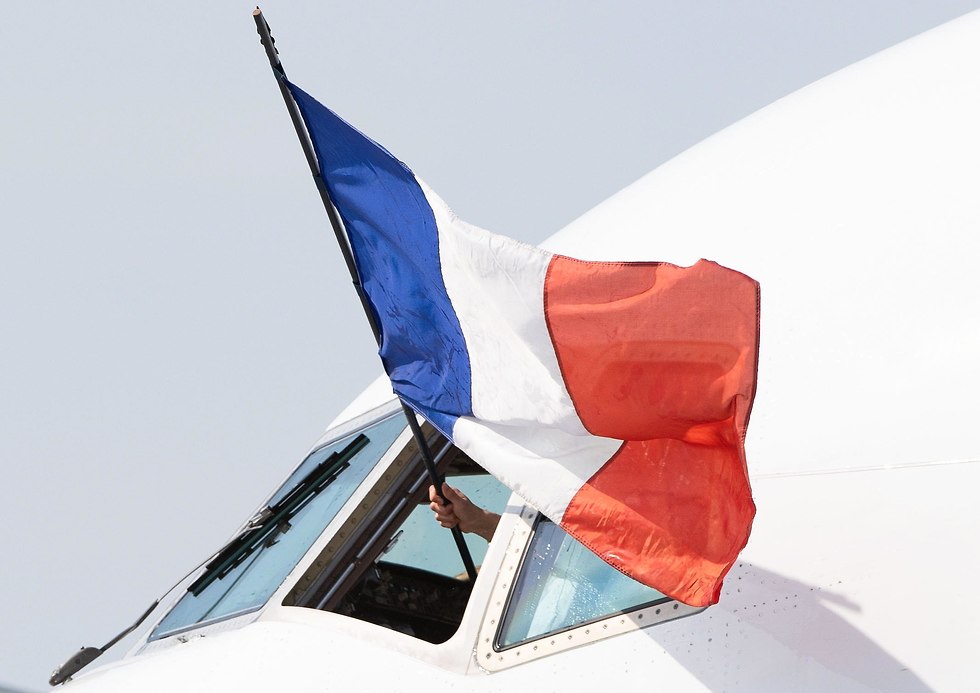 הטייס מנופף מחלון המטוס בדגל צרפת (צילום: EPA)