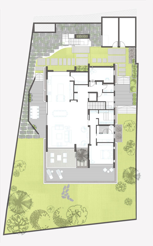 תוכנית הקומה התחתונה, שהיא קומת המגורים (תוכנית: סטודיו אריאל פרנקו אדריכלים)