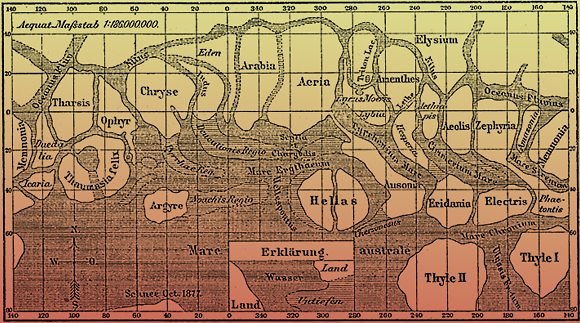 דיבר על ערוצים, לא על תעלות מלאכותיות. אחת ממפות מאדים שצייר סקיאפרלי על סמך תצפיותיו  (צילום: מתוך ויקיפדיה)