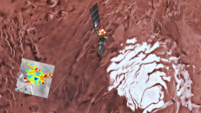 דמיה של הלוויין Mars Express סורק את אזור המחקר (בריבוע) (צילום: USGS, אוניברסיטת אריזונה, ESA, INAF)