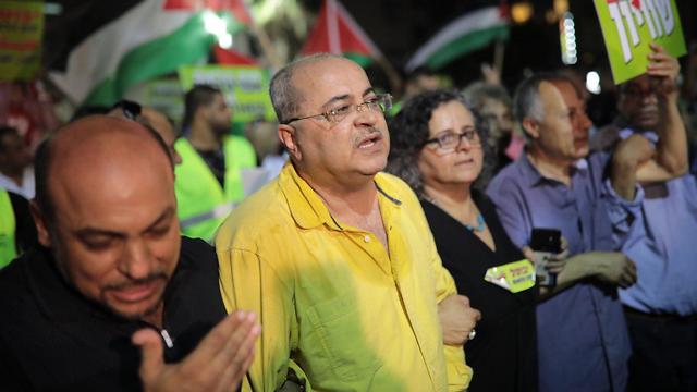 Ahmad Tibi in anti- Nation State Law rally (Photo: Tal Shahar)
