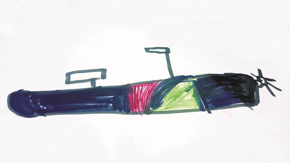 Рисунок подводной лодки, сделанный С., когда он был пятилетним мальчиком