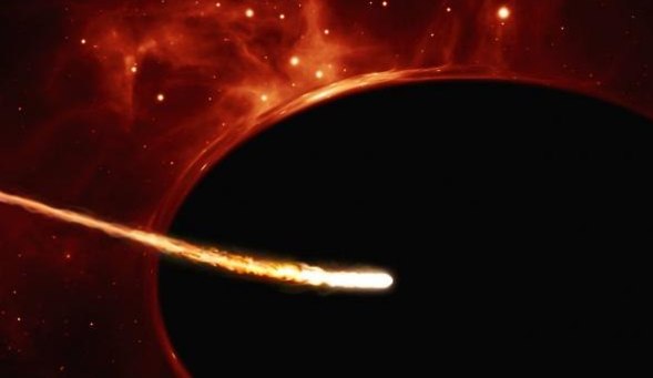 הדמייה של כוכב מאיץ בקרבת חור שחור על-מסיבי. הכוכב S2 שבסרטון מאיץ למהירות 7,650 ק"מ לשנייה (הדמיה:  ESO, ESA/Hubble, M. Kornmesser)