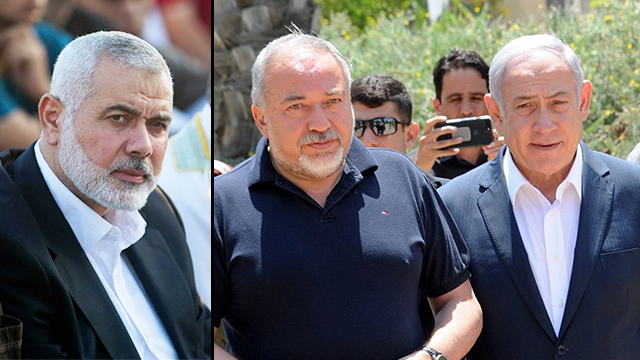 Hamas's political bureau Ismail Haniyeh (L), Defense Minister Avigdor Lieberman and PM Netanyahu (Photo: AP, Haim Horenstein)