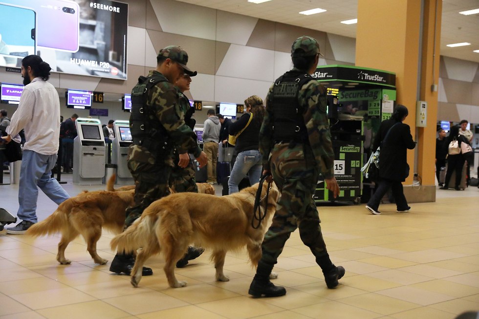 שוטרים וכלבי גישוש בשדה התעופה בקאלאו שבפרו (צילום: רויטרס)