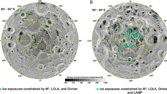 האזורים בהם יש קרח-מים בקטבים של הירח (צילום: מתוך המחקר)