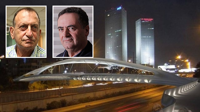 Tel Aviv Mayor Huldai and Transportation Minister Katz with a simulation of the bridge (Photos: Shaul Golan, Hen Architects, Reuters)