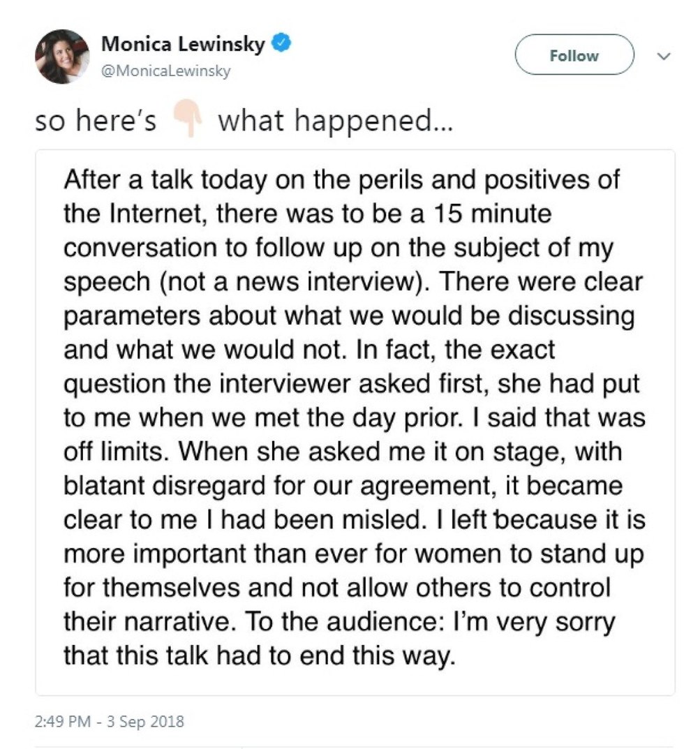 הציוץ של מוניקה לווינסקי (מתוך חשבון הטוויטר של מוניקה לווינסקי)