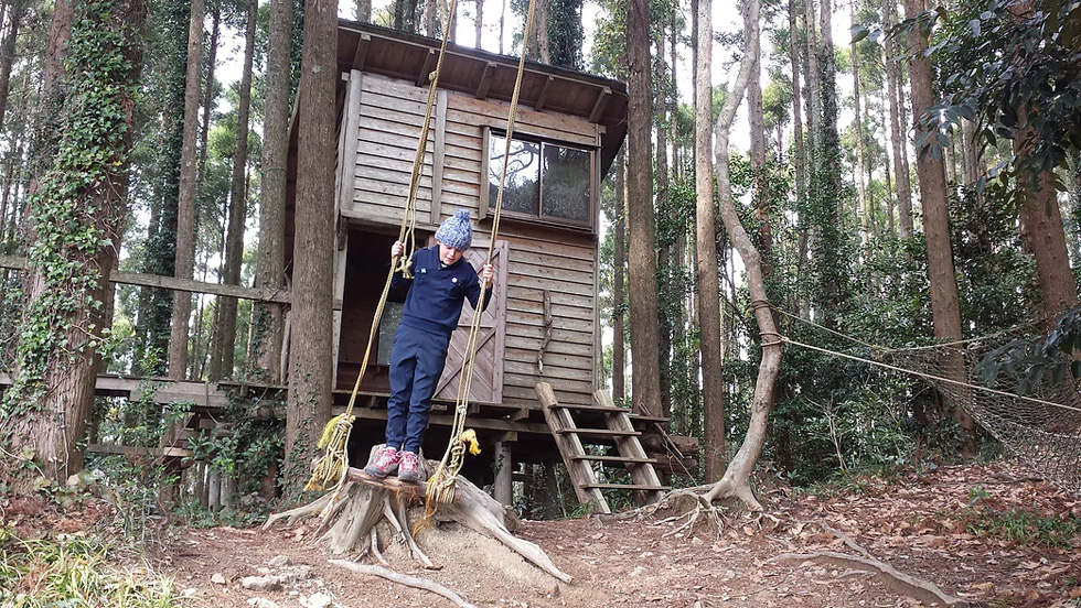 שלם על נדנדה בחווה בגנקויאמה - המקום הראשון בו ביקרנו עם האוטו-בית שלנו ביפן. בחווה הזאת יש גם סנסיי (מורה) שמלמד אנשים מיומנויות יער יפניות של עבודה בעץ ובבמבוק (צילום: שרון שטיינבוק)