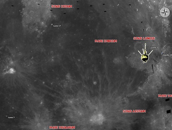 מפה של הירח. עם מיקום הנחיתה של כמה חלליות. אתר ההתרסקות של לונה 2 מימין למעלה (צילום: מתוך ויקיפדיה)