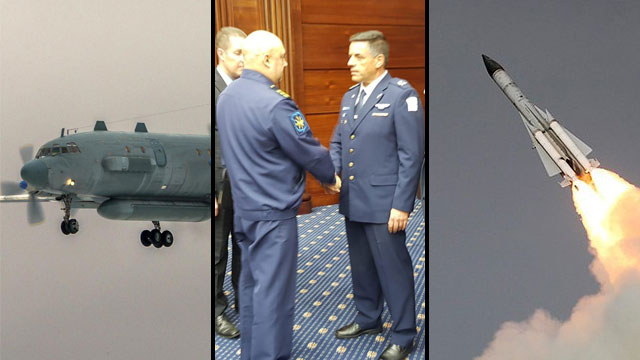 Слева направо: самолет Ил-20, командующий ВВС ЦАХАЛа Амикам Норкин на встрече с российскими коллегами, ракета S-200. Фото: пресс-служба ЦАХАЛа и AP