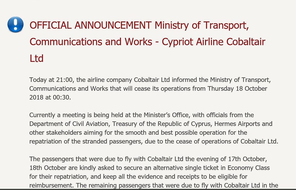 Извещение о закрытии Cobalt Air