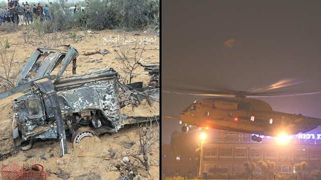 Уничтоженная машина спецназа ЦАДА; вертолет доставляет раненых в больницу "Сорока". Фото: Герцль Йосеф