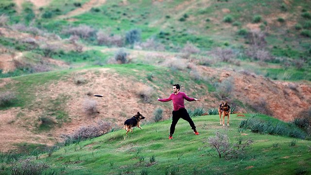 איש משחק עם הכלבים שלו ליד קיבוץ בארי (צילום: רויטרס)