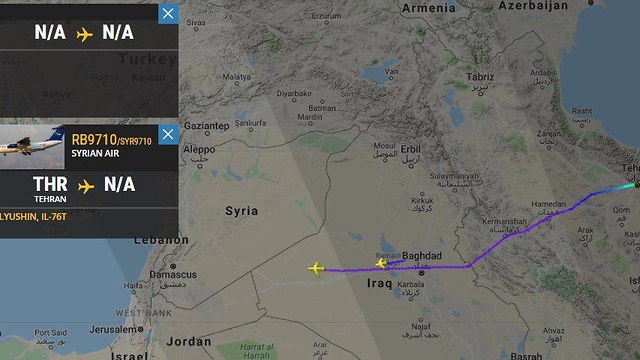 שני מטוסים מטוס משמרות מהפכה איראניות דמשק סוריה איראן (צילום: מתוך אפליקציית PlaneFinder)