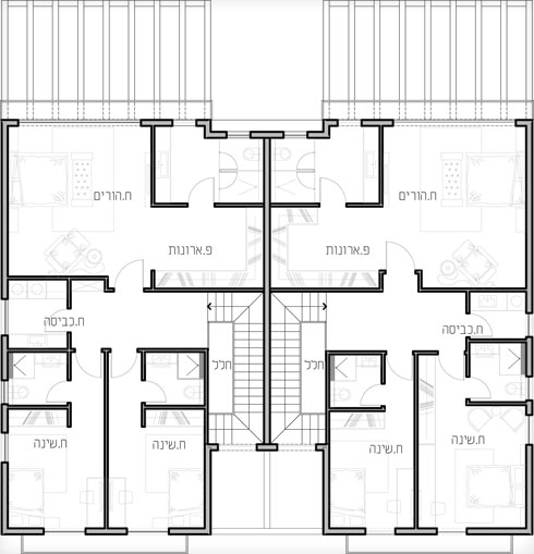 תוכנית הקומות העליונות הסימטריות, מלבד גודלו של חדר הכביסה (תכנית: FRENKEL Architecture + Interior)