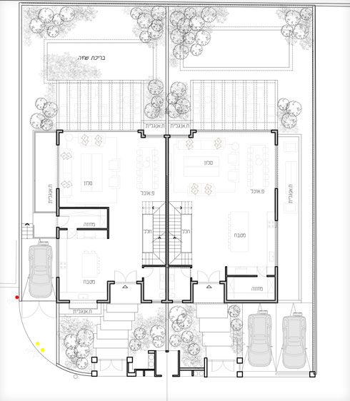 תוכנית קומת הקרקע של שני הבתים השותפים בדו-משפחתי. רק מיקום המזווה שונה (תכנית: FRENKEL Architecture + Interior)